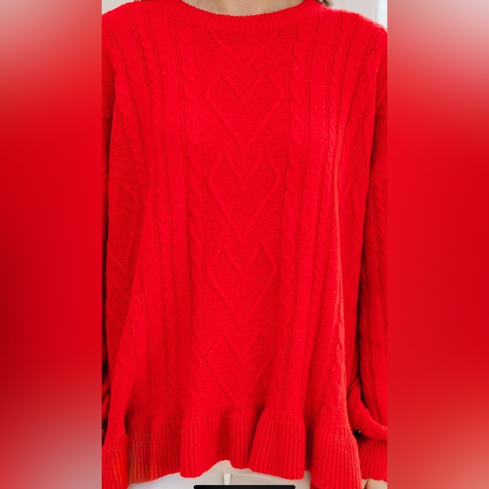 Red Ruffle Cable-Knit Sweater | Crew Neck | S | New | Mint Julep Boutique - Picture 6 of 10